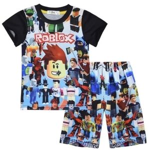 Cartoon Gaming Print Colorful Fun Boy's Short Sleeve 2 Piece Pajama Set Roblox